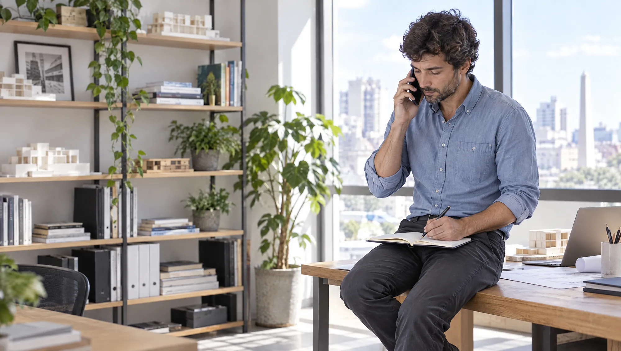 El Arquitecto de Estudio TREO atiende una consulta por celular sentado en el borde de su escritorio y anota en un cuaderno