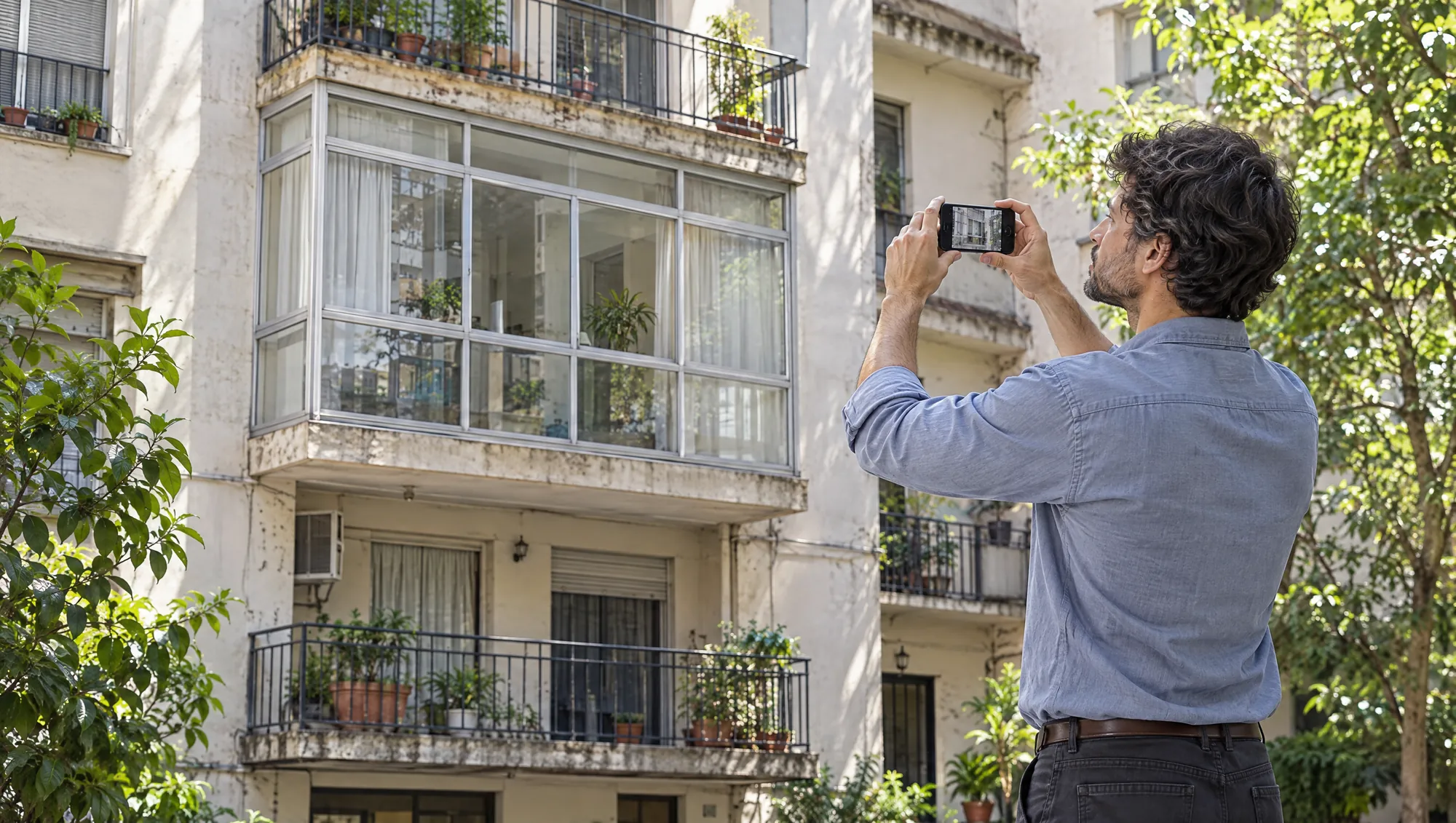 El Arquitecto de Estudio TREO fotografía con el celular, desde el patio interno, un balcón cerrado con ventanas en la fachada de un edificio de departamentos