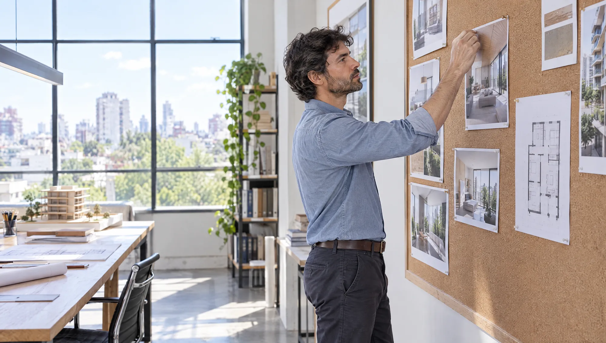 El Arquitecto de Estudio TREO, de pie, clava en un tablero de corcho las fotos de un departamento junto a su plano, en la oficina del Estudio