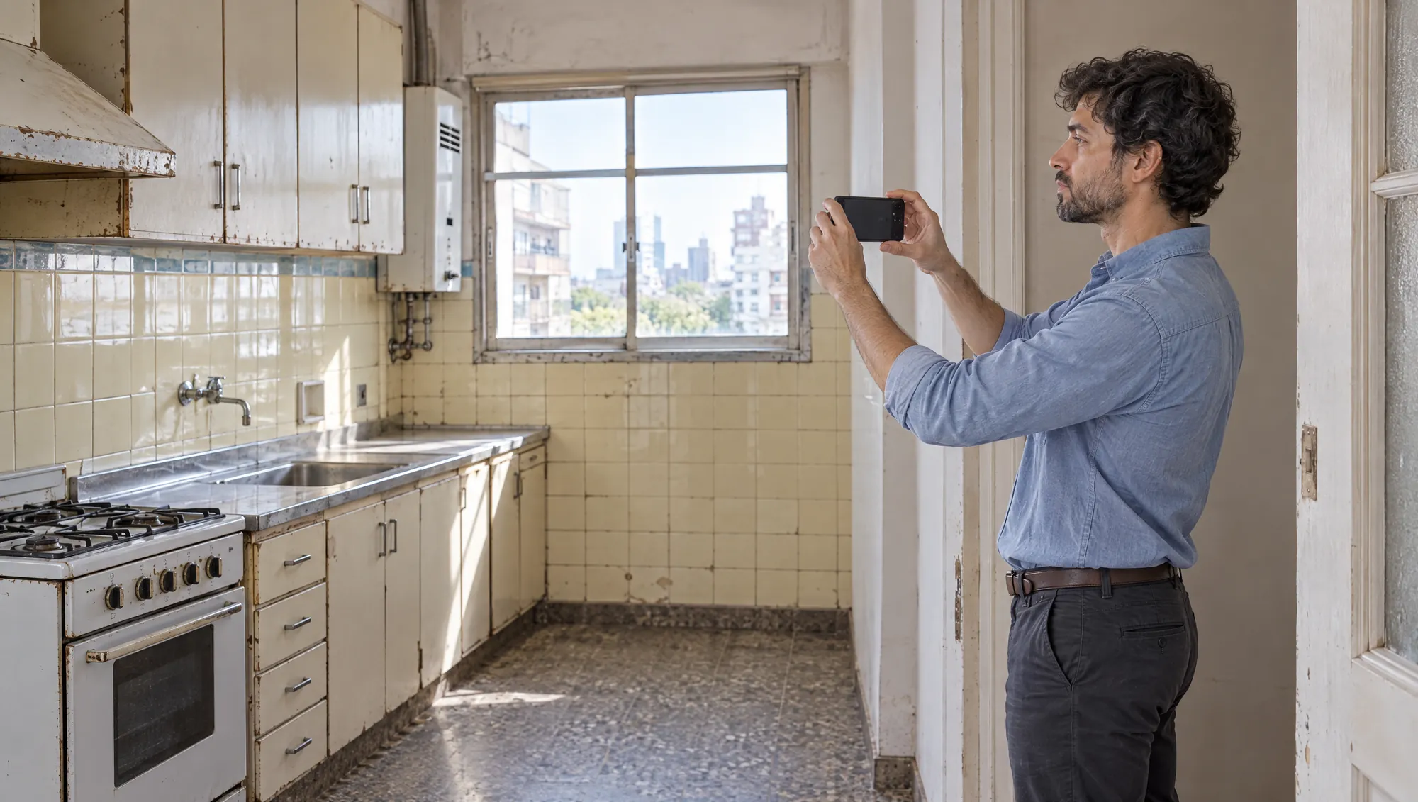 El Arquitecto de Estudio TREO fotografía con el celular una cocina vieja antes de empezar la obra, para documentar el estado previo