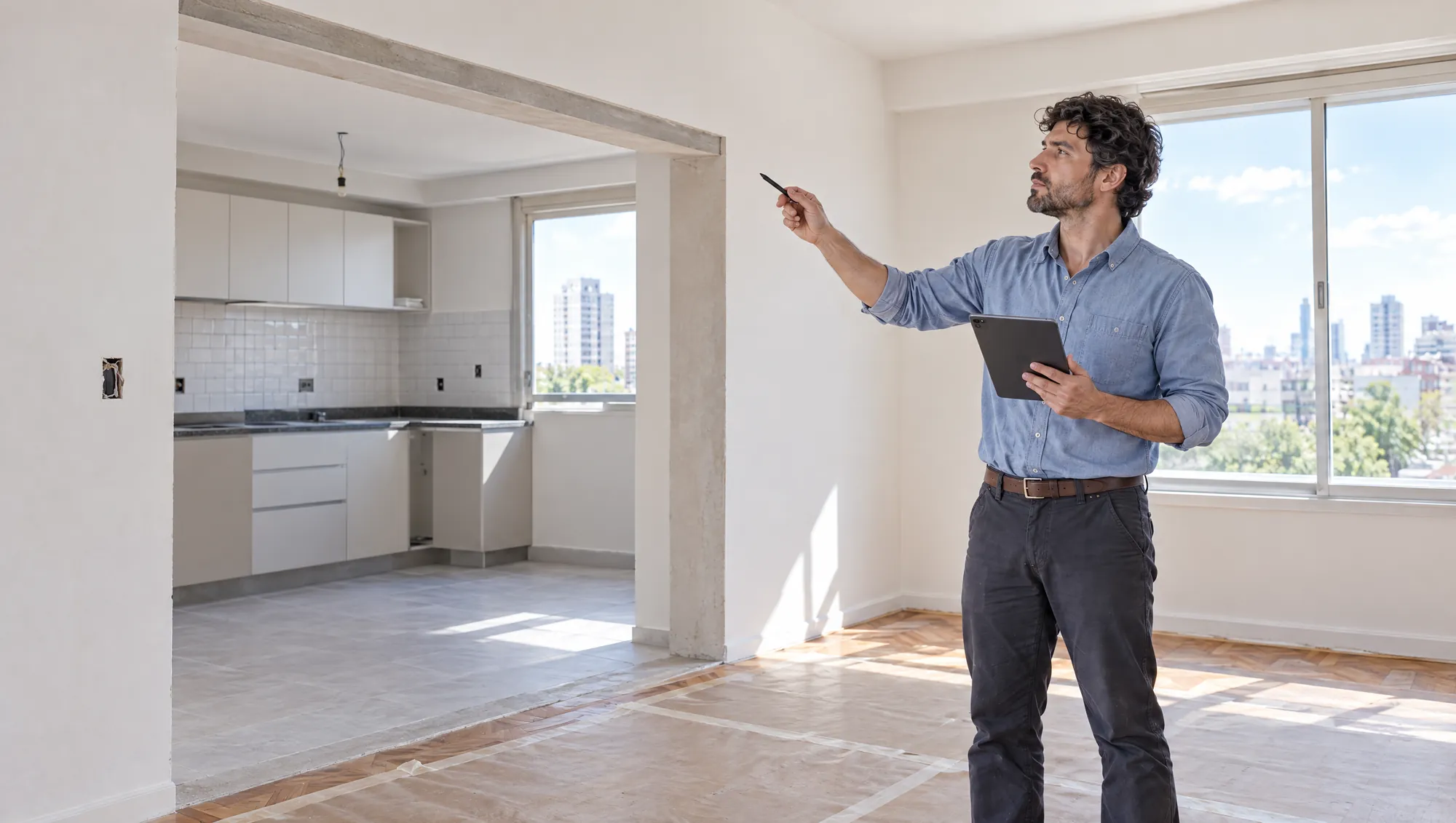 Un Arquitecto de Estudio TREO anota en su tablet y señala la abertura nueva entre el living y la cocina de un departamento en reforma en la Ciudad de Buenos Aires