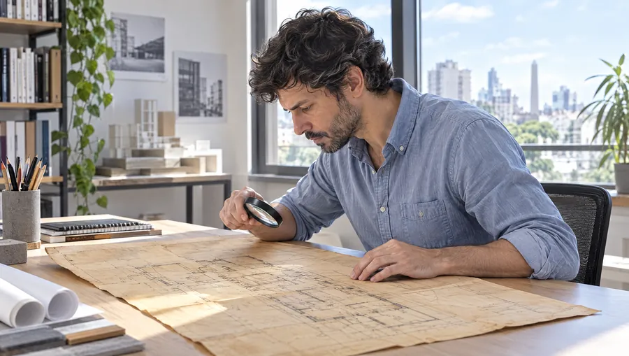 El Arquitecto de Estudio TREO revisa con una lupa el plano registrado antiguo de un departamento, extendido sobre su escritorio