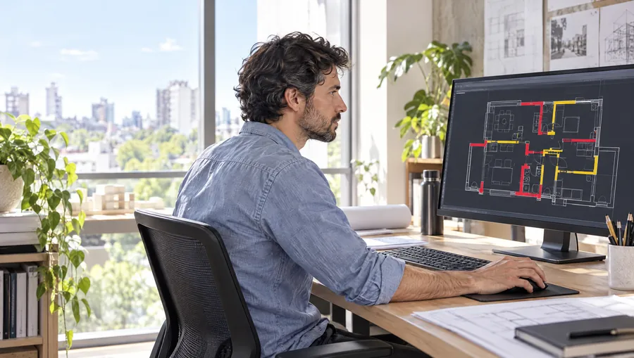 El Arquitecto de Estudio TREO dibuja en la computadora la planta de un departamento con los muros nuevos en rojo y los que se demuelen en amarillo